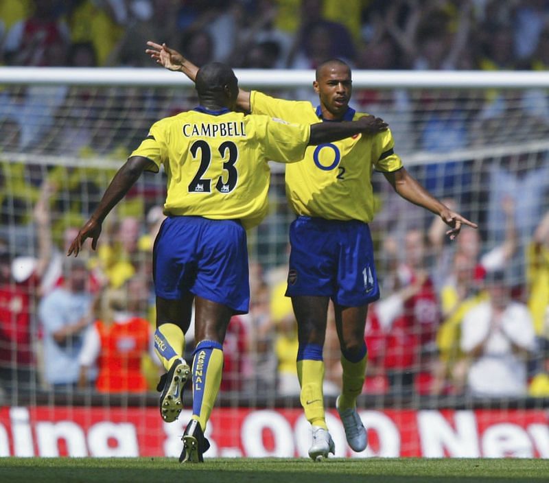 Thierry Henry celebrating after scoring against Manchester United in the 2003 Community Shield clash